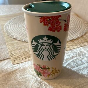 Starbucks Bando FLORAL Pink Mug Travel Cup Ban.do Rose Starbucks 12 Oz. EUC